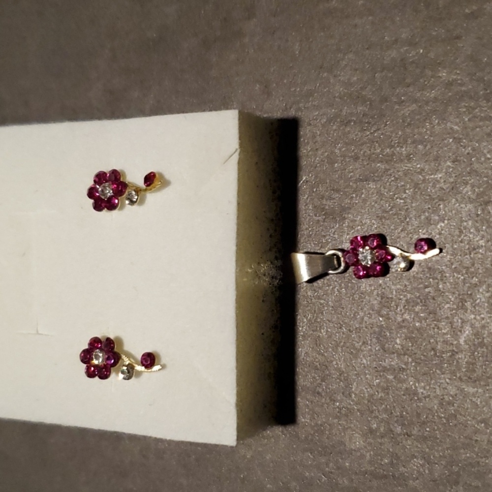 Sterling silver hot pink flower studs and pendant